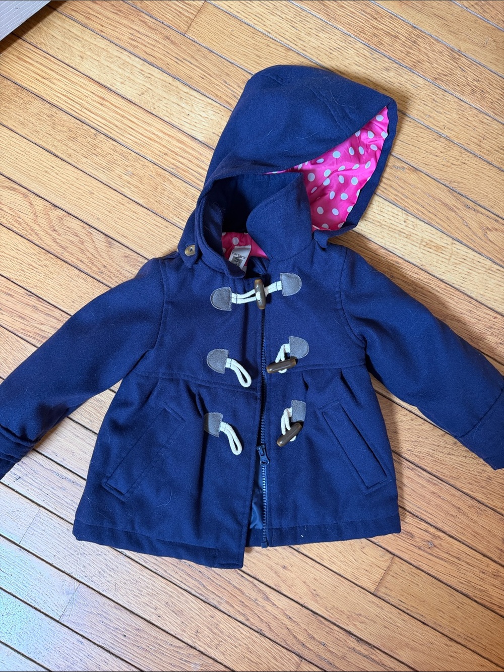 Kids Navy Hooded Toggle Coat with Pink Polka Dot Lining